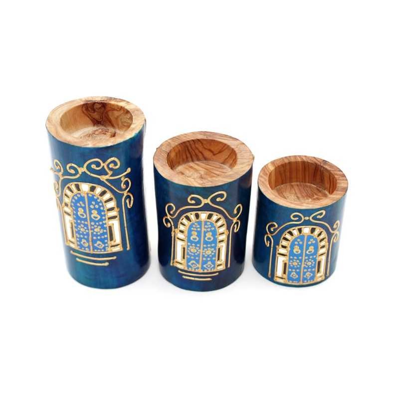 Lot de trois portes bougies bleues en bois d olivier