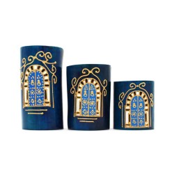 Lot de trois portes bougies bleues en bois d olivier