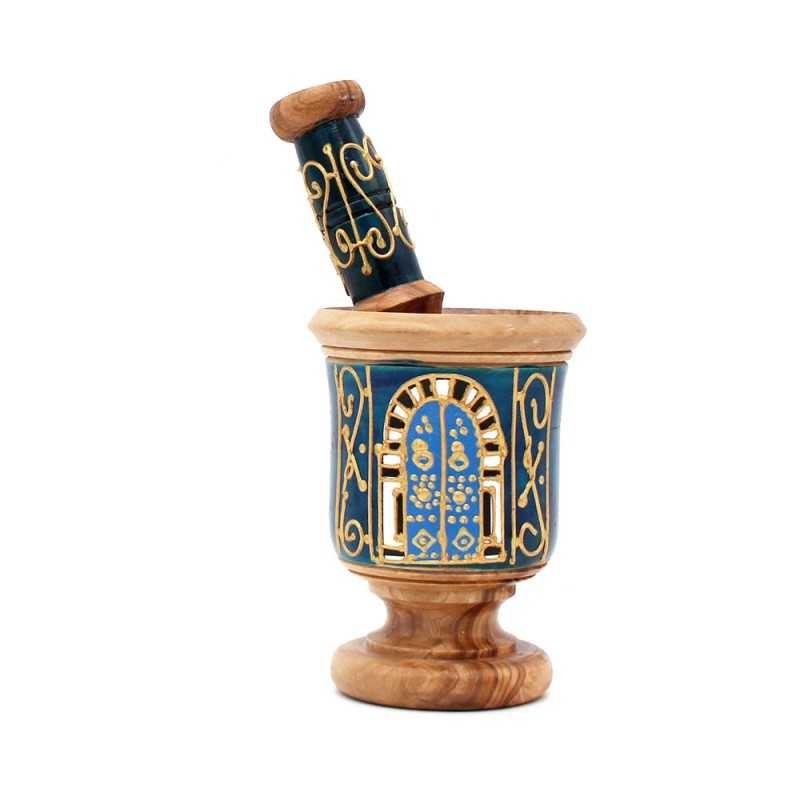 Mini Mortier avec pilon traditionnel bleu en bois d olivier