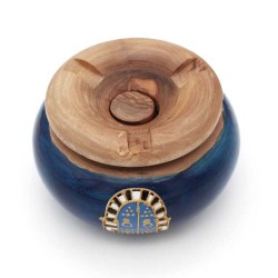 Cendrier traditionnel rond avec couvercle bleu en bois d olivier